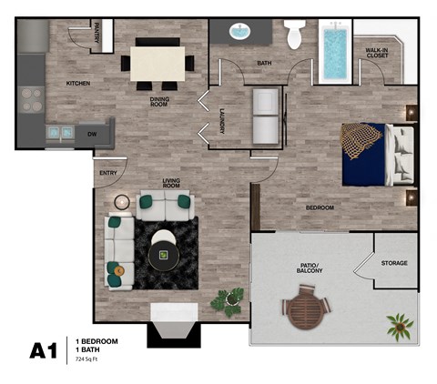 A 1 bedroom apartment with a bathroom and a balcony.